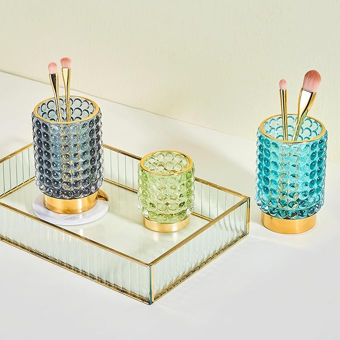 Makeup Brush Holder Organizer,Toothbrush Holders,Desk Pen Pencil Holder,Multifunctional Vintage Glass Brush Cup(A38-11-US/Dark Green/L)