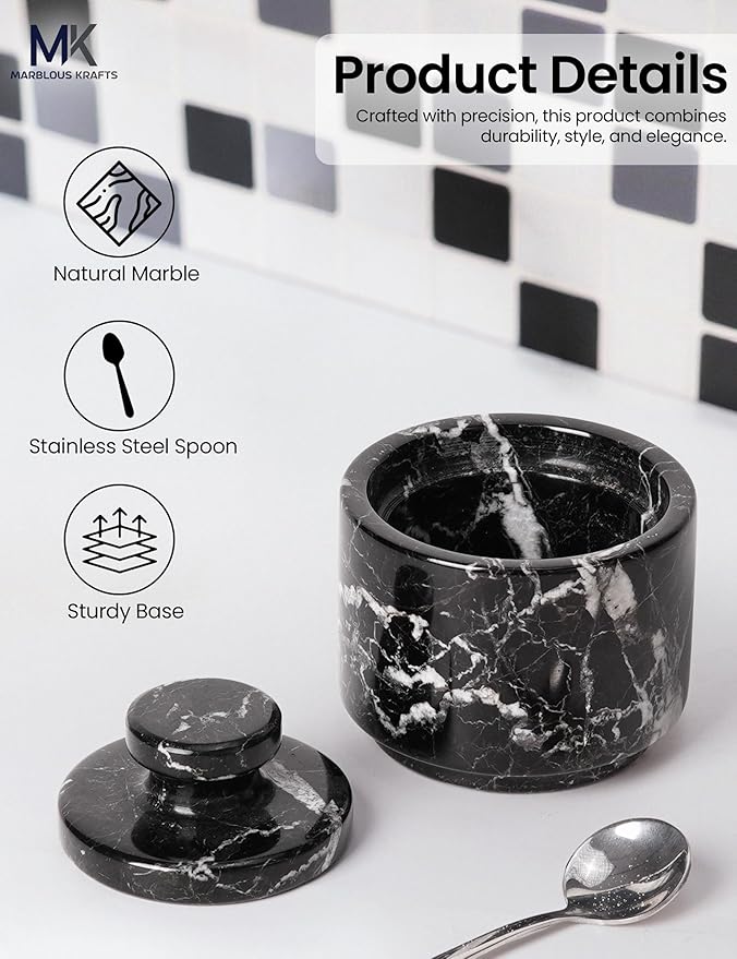 MARBLOUS KRAFTS Marble Salt Cellar with Lid and Spoon 3" Inch Black Zebra Flaky Salt Box for Gift, Modern Small Set of 2 Sugar Kitchen Countertop Storage, Coffee Container, Spice Jars, Candy Jar
