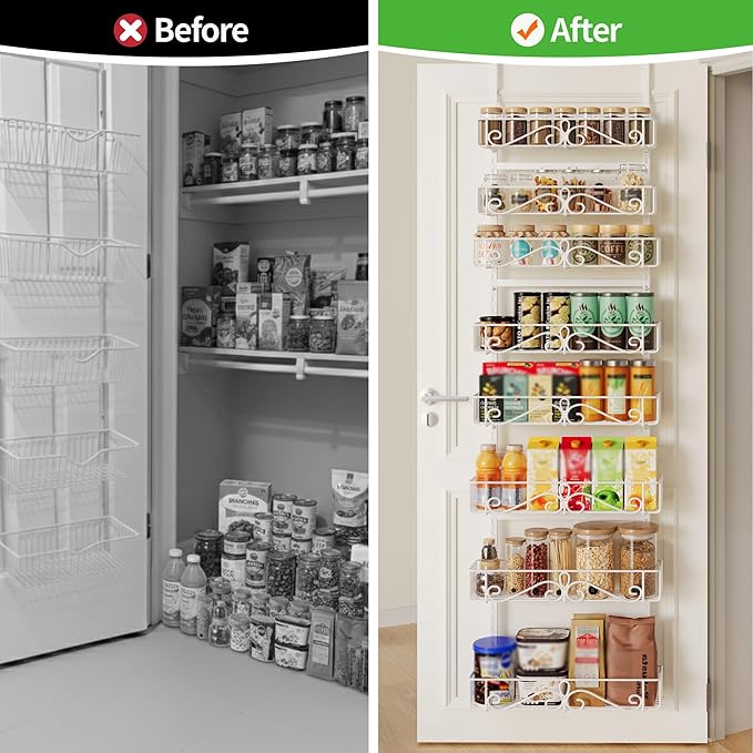 Over the Door Pantry Organizer - 8-Tier Adjustable Pantry Organization And Storage, Metal Hanging Door for Kitchen Pantry Organizers，White