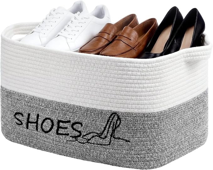 Woven Rope Embroidered Shoes Storage Basket 15.7 x 11 x 9 Large Capacity Fabric Cotton Rope Shoe Storage Organizer Bin Foldable with Handles for Hallway, Entryway, Closet, Laundry Room