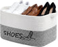 Woven Rope Embroidered Shoes Storage Basket 15.7 x 11 x 9 Large Capacity Fabric Cotton Rope Shoe Storage Organizer Bin Foldable with Handles for Hallway, Entryway, Closet, Laundry Room