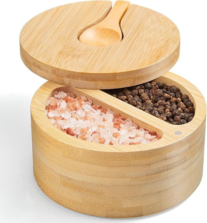 OUTNILI 2-Compartment Salt Box with Lid and Spoon, Bamboo Salt Cellar with Swivel Lid, Salt and Pepper Bowls for Salt & Spices, Dual 6 oz Salt Container