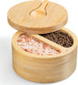 OUTNILI 2-Compartment Salt Box with Lid and Spoon, Bamboo Salt Cellar with Swivel Lid, Salt and Pepper Bowls for Salt & Spices, Dual 6 oz Salt Container