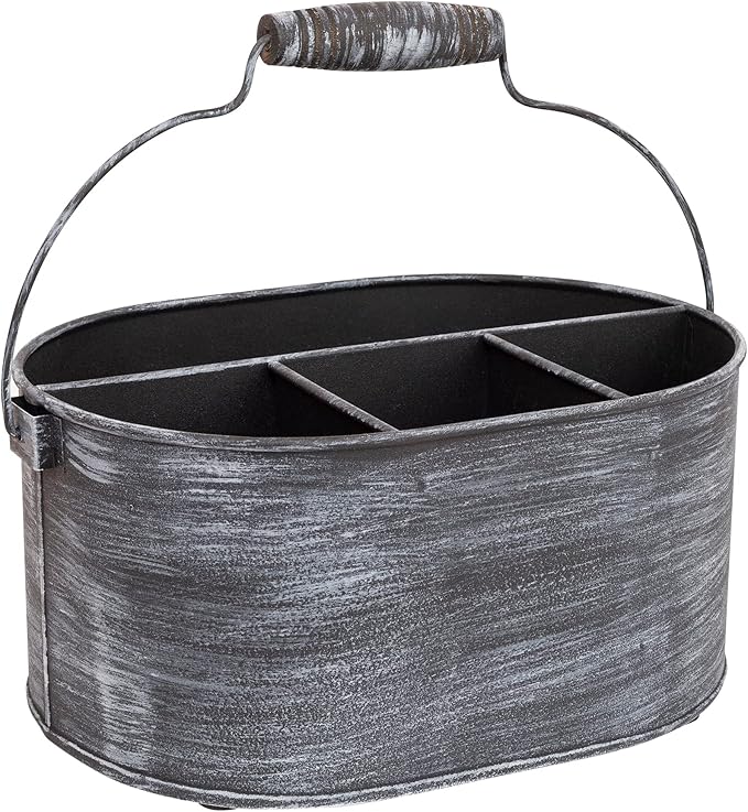GoCraft Galvanized Flatware Caddy – Rustic Metal Utensil Holder with Handle – 4-Compartment Kitchen Organizer for Cutlery, Napkins, BBQ Tools – Farmhouse Table Decor & Storage