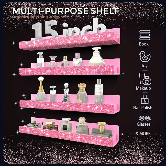 4 Pack 15 Inch Nail Polish Organizer，Diamond Crystal Rhinestone Acrylic Nail Polish Organizer，Sunglasses Essential Oil Picture Display Storage Pink