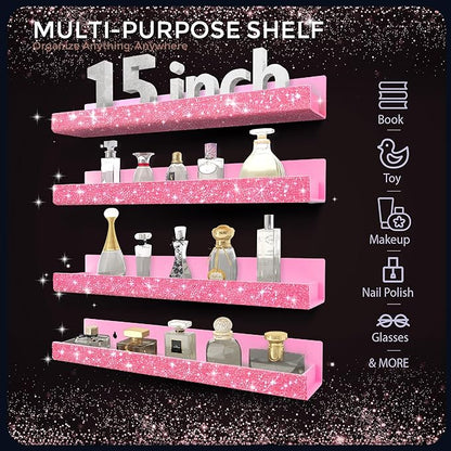 4 Pack 15 Inch Nail Polish Organizer，Diamond Crystal Rhinestone Acrylic Nail Polish Organizer，Sunglasses Essential Oil Picture Display Storage Pink