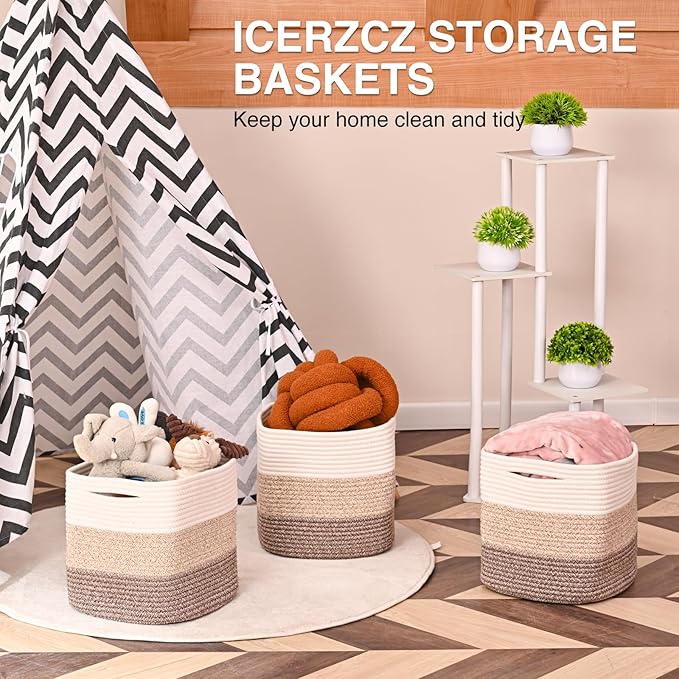 ICERZCZ 13 Inch Cube Closet Storage Bins, Woven Cotton Rope Organizer Baskets for Organizing & Shelves, Books, Towels, Clothes, Toys, 13x13x13 in, Gradient Brown (Pack of 3)