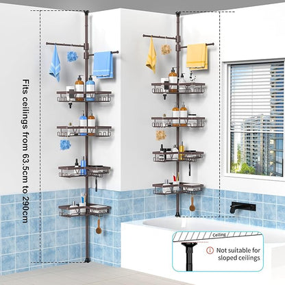 KEGII Shower Caddy Tension Pole with 2 Towel Bars, Adjustable Corner Bathroom Organizer, Rustproof Bathtub Storage Shelves for Shampoo, 25–114.2 Inch Shower Corner Rack for Renters & Family, Bronze