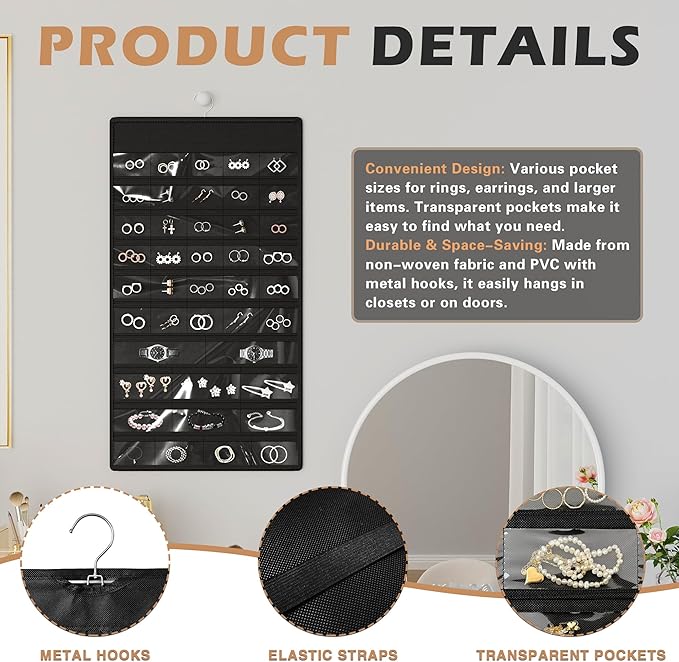 Hanging Jewelry Organizer Storage Roll, Double-Sided Necklaces Holder, 42 Pockets Plus 36 hooks Earrings Organizer Hang in Closet, On Wall, or Doors, Black