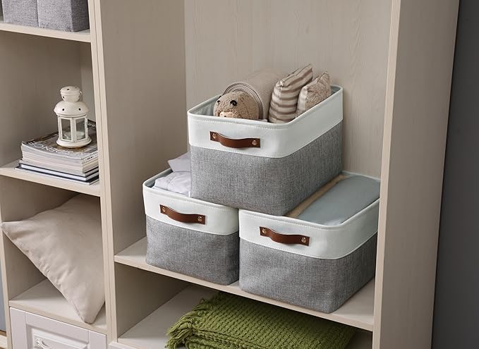DECOMOMO Storage Bins, Extra Large Fabric Storage Baskets for Shelves, Decorative Linen Closet Organizer, 15.8 x 12.5 x 10 inches (Grey & White, 4 Pack)
