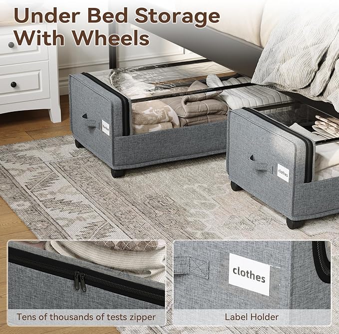 Under Bed Storage, Tall Size Under Bed Storage With Wheels, Under bed Shoe Storage, Metal Frame, 90L Capacity, Storage Drawers for Bedroom