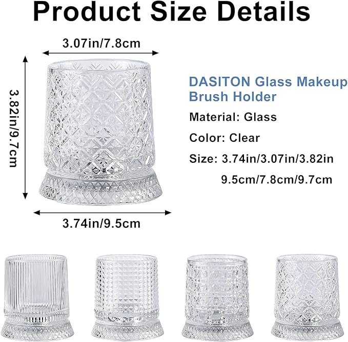 DASITON Makeup Brush Holder Organizer, Crystal Cosmetic Brushes Storage Holder Glass Makeup Organizer, 360° Rotating Make Up Brush Cup for Vanity, Dresser, Bathroom, Pen Pencil Holder for Desk (Clear)