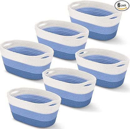Sawysine 6 Pcs Storage Baskets Bulk for Organizing Cotton Rope Woven Basket with Handles for Gift Cloth Shelves Blanket Toys Living Room(Blue and White)