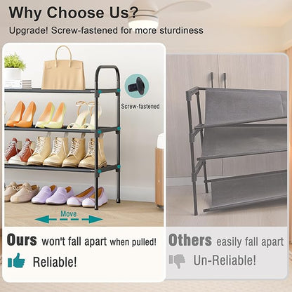 HITHIM 3 Tier Long Shoe Rack for Closet, Screw Fastened Plastic Connector Shoe Storage Organizer, Non-Woven Fabric Metal Shoe Shelf, Holds 24-28 Pairs for Entryway, Front Door Entrance, Bedroom