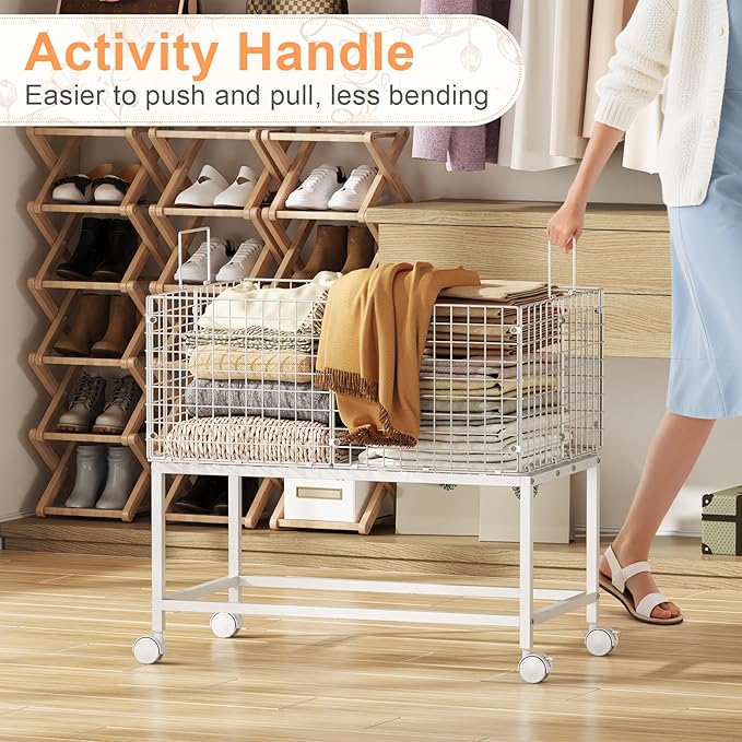 Large Rolling Laundry Basket Cart,Wire Laundry Hamper Cart with Handle and Wheels,White High Laundry Hamper for Laundry Room,Bedroom and Bathroom-120L White (29.5"L*19.7"W*27.95"H inch)