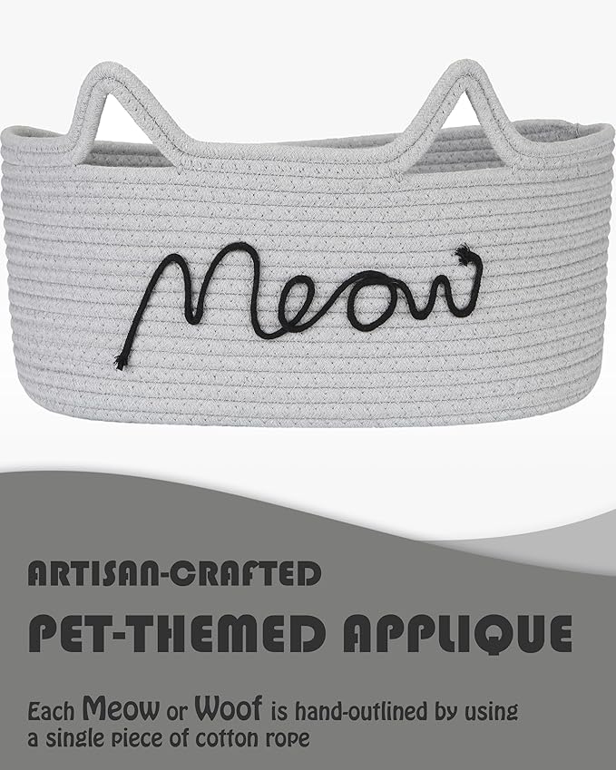 Sea Team Cat Toy Basket with Handles, 16.5 x 11 x 7 Inches, 4.4 Gallons Large Cotton Rope Storage Bin, Box, Shelf Organizer for Pet Chew Toys, Foods, Grey Meow