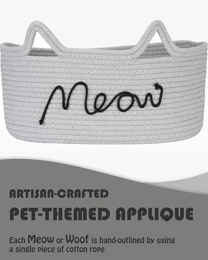 Sea Team Cat Toy Basket with Handles, 16.5 x 11 x 7 Inches, 4.4 Gallons Large Cotton Rope Storage Bin, Box, Shelf Organizer for Pet Chew Toys, Foods, Grey Meow
