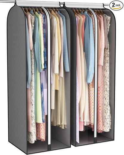 Liuoud 22” Gusseted Garment Bags for Hanging Clothes, Large Clear Window Clothes Cover for Closet Storage, Wardrobe Coat Protector for Suit, Shirt Long Dress, Bottom Enclosed, 2 Pack, 60” Long