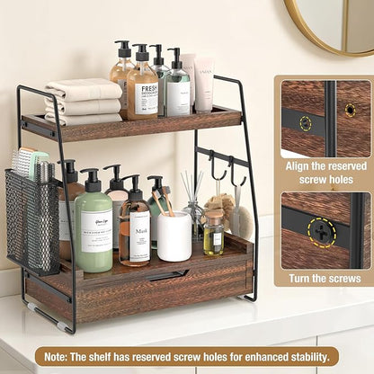 2-Tier Bathroom Counter Organizer with Drawer & Removable Basket, Wood & Metal Vanity Organizer for Skincare, Makeup, Perfume, Toiletries, Small Bathroom Counter Shelf, 13'' Rustic