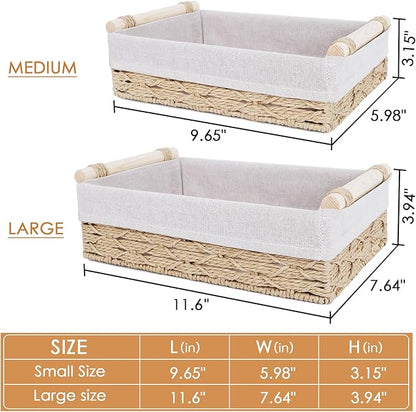 Wicker Storage Basket with Wooden Handle – Paper Rope Decorative Toilet Paper Baskets & Bathroom Organizer for Toilet Tank Top, Shelves, Bedroom, Countertop,Home,Office Storage Bins, 2 Pack,Beige
