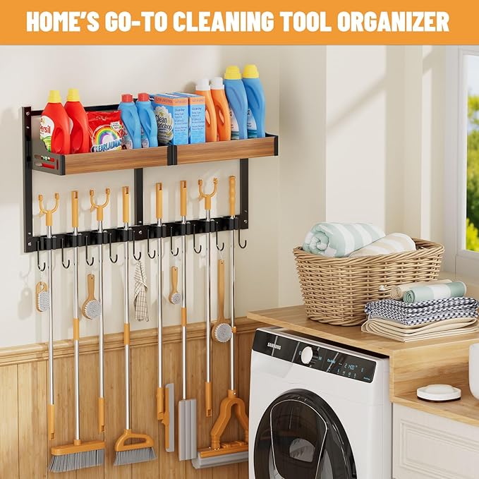 Broom and Mop Organizer Wall Hanging, Broom Holder Wall Mount with Cleaning Supplies Organizer, Broom Hanger Wall Mount with Storage Shelf and Hooks for Laundry Room Garage Kitchen