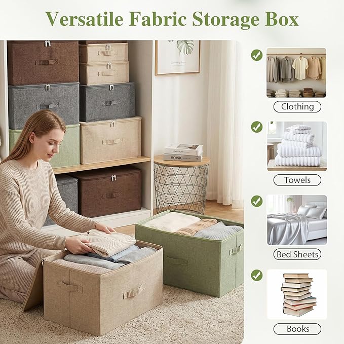 ANMINY Storage Bins with Zipper Lids 51.9 Qt Lidded Fabric Storage Boxes Baskets Cubes with Handles Collapsible Washable Cotton Linen Closet Shelf Clothes Organizer - Green, Extra Large