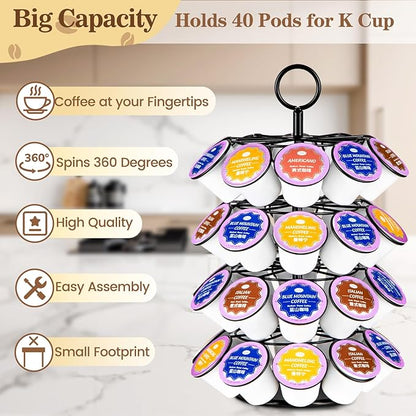 Coffee Pod Holder, K Cup Holders,Coffee Pod Storage Carousel Holder Organizer Compatible with K Cups Pods ,Spins 360-Degrees Design ,40 Pods Capacity, Round, Black