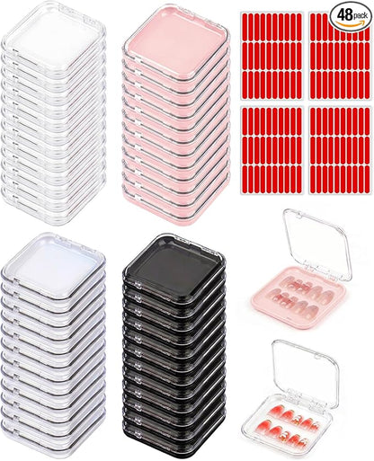48 Pcs Nail Boxes for Press Ons, Fake Nail Storage Case Packaging Container with 120 Adhesive Double Sided Tape