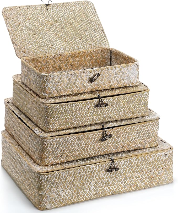 Didaey Set of 4 Seagrass Basket with Lid Wicker Storage Basket Decorative Storage Boxes with Lids Flat Storage Bins Woven Organizer Baskets for Shelf Closet Bedroom, 4 Sizes (White)