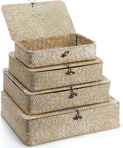 Didaey Set of 4 Seagrass Basket with Lid Wicker Storage Basket Decorative Storage Boxes with Lids Flat Storage Bins Woven Organizer Baskets for Shelf Closet Bedroom, 4 Sizes (White)