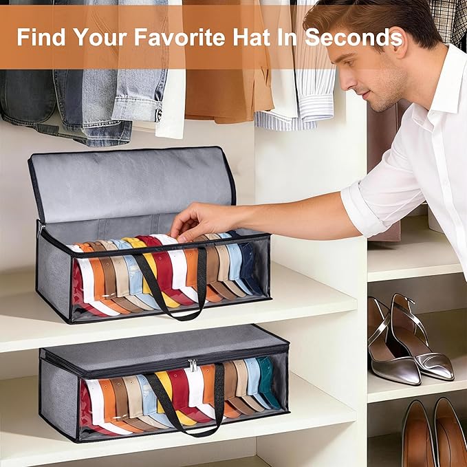 KIMBORA 2 PCS Wide Hat Storage for Baseball Caps Organizer with 2 Sturdy Handles Hat Racks Holder Grey Capbox Stackable for Home Travel