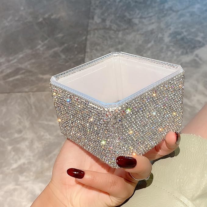 Bling Luxurious Rhinestone Desktop Organizer - High-End Makeup Storage Box Organizer Holder - Elegant Vanity Lipstick Display for Bedroom Dressing Table (Silver)