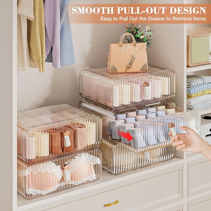 Sock Underwear Drawer Organizer - 24 Compartment Clear Acrylic Storage Bins with Removable Dividers for Closet, Stackable Dresser Drawer Box for No-Mess Socks, Tiers, Baby Clothes, Belt, Tea Bag