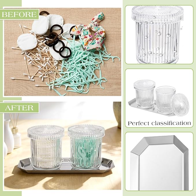 2 Pcs Crystal Glass Candy Jars Set with Lids and Stainless Steel Vanity Tray, Q tip Holder, Apothecary Jars, Glass Bathroom Accessories Organizer, Esthetic Modern Bathroom Decor(Clear)