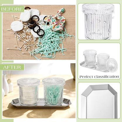 2 Pcs Crystal Glass Candy Jars Set with Lids and Stainless Steel Vanity Tray, Q tip Holder, Apothecary Jars, Glass Bathroom Accessories Organizer, Esthetic Modern Bathroom Decor(Clear)