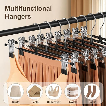 POZEAN Pants Hangers with Clips for Women 30 Pack, 12Inch Adjustable Heavy Duty Skirt Hangers, Space Saving Non-Slip Shorts Jeans Trousers Clothes Hangers, Black