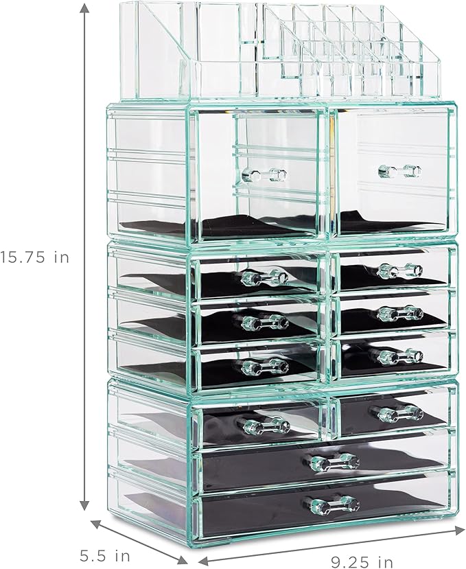 Sorbus Large Makeup Organizer - Clear Stackable Jewelry & Makeup Organizer For Vanity, Bathroom Storage, Dresser - 12 Drawers Cosmetic Beauty Organizers and Storage with Lipstick, Makeup Brush Holder