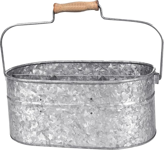 Goroly Home Galvanized Metal Caddy Storage Bin with Wooden Handle, 4 Compartments, Rustic Farmhouse Decor for Kitchen, Garden, Patio, Laundry Room (Antique Grey)