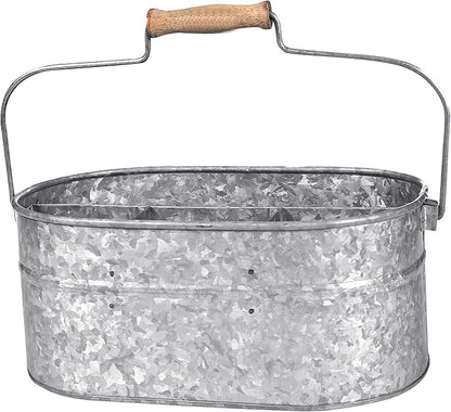 Goroly Home Galvanized Metal Caddy Storage Bin with Wooden Handle, 4 Compartments, Rustic Farmhouse Decor for Kitchen, Garden, Patio, Laundry Room (Antique Grey)