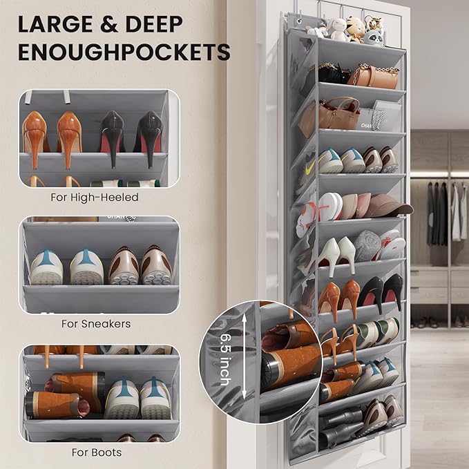 20-25 Pairs Over the Door Shoe Organizer, Clear Pockets Shoe Rack for Closet Door, 10-Tier Hanging Shoe Rack for Boots, Behind the Door Shoe Holder Fit All the Family's Sneakers, Boots, Heels, Grey