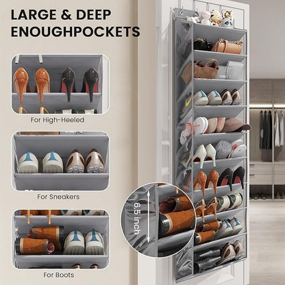 20-25 Pairs Over the Door Shoe Organizer, Clear Pockets Shoe Rack for Closet Door, 10-Tier Hanging Shoe Rack for Boots, Behind the Door Shoe Holder Fit All the Family's Sneakers, Boots, Heels, Grey