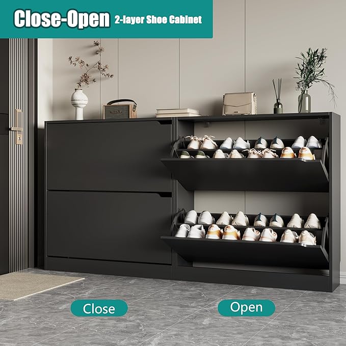 Xixini Shoe Storage Cabinet for Entryway with 2 Flip Drawers, Wood Freestanding Hidden Shoe Storage, Sturdy Narrow Slim Shoe Organizer for Front Door Entrance, Living Room, Hallway, Bedroom, Black