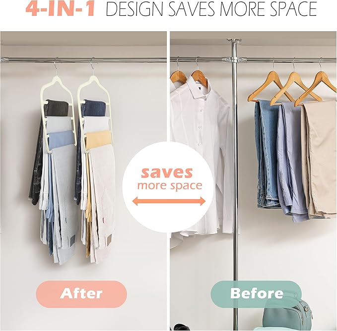 Velvet Pants Clothes Hanger Space Saving Non Slip Pants Shorts Hanger, Myfolrena Jeans Slack Trousers Hangers Multiple Velvet Hanger Closet Organizer Storage for Leggings,Jeans,Scarf,Tie (5, Beige)