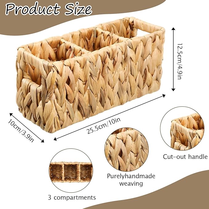 Wicker Party Silverware Caddy Water Hyacinth Plastic Kitchen Cutlery Utensil Holder Hand Woven Spoon Forks Knives Organizer Basket with Handles for Table Countertop Picnic flatware Storage