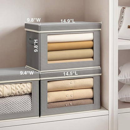 Homsorout Collapsible Storage Bins with Lids, 4 Pack Closet Cubes for Organization, Fabric Storage Baksets with Window, Clothes Organizer bins for Home, Dorm, Grey