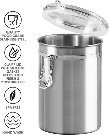 OGGI Stainless Steel Kitchen Canister 47oz - Airtight Clamp Lid, Clear See-Thru Top - Ideal for Kitchen Storage, Food Storage, Pantry Storage. Large Size 5" x 6"