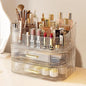 Makeup Organizer with 360 Rotating Brush Holder and Stackable Drawers, Cosmetic Display Case for Vanity, Bathroom Countertop (Clear, 3 Layer)