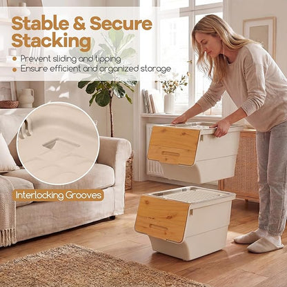Giantex Plastic Stackable Storage Bins with Lids & Wheels, 3 Pack Open Front Stacking Bins, Organizer Bins for Pantry, Kitchen, Laundry, Closet, Playroom, Bedroom Organization (12.5 QT)