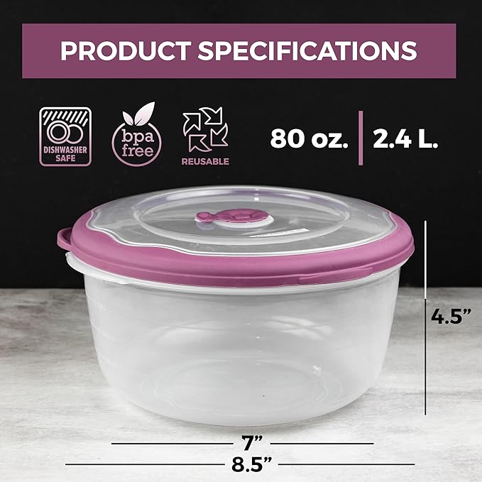 Tribello Large 10 Cup Food Storage Bowl with Lid, Salad Bowl With Airtight/Steam Vent Lid Dishwasher/Freezer and Microwave Safe Container For Serving and Storing, BPA Free - Round - 80 Oz - 2 Pack