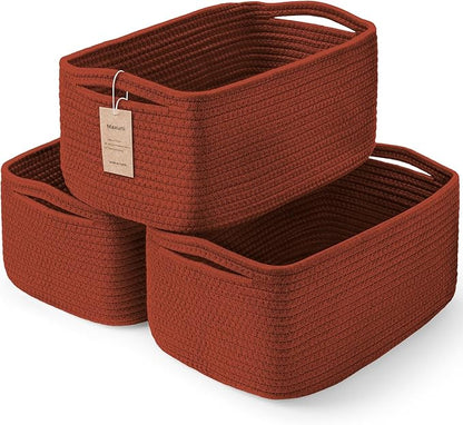 3-Pack Storage Baskets for Organizing | Woven Shelf Toy Basket | Rope Baskets for Gifts Empty | Closet Organizer Bins with Handles | Cube Decorative Box | 13.7×7.1×6.7” | Brick Red